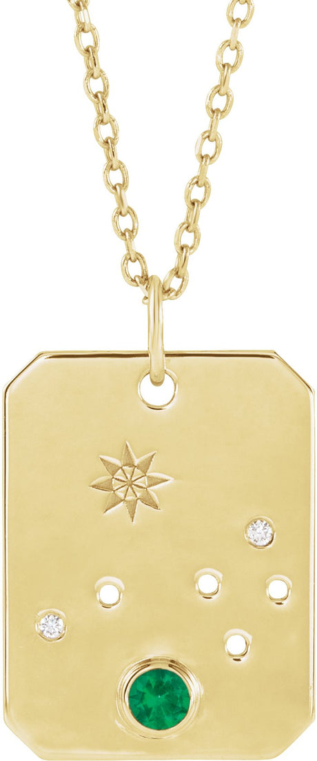14K Gold Round Natural Emerald & Natural Diamond Aries Constellation Necklace or Pendant - Yellow Gold