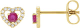 14K Gold Round Natural Ruby & Natural Diamond Heart Earrings - Yellow Gold