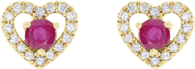 14K Gold Round Natural Ruby & Natural Diamond Heart Earrings - Yellow Gold - view 2