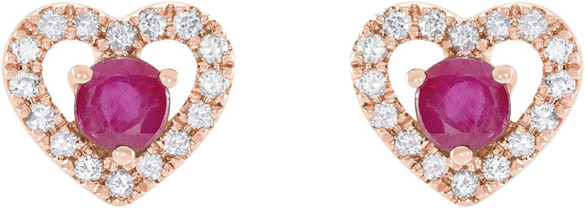 14K Gold Round Natural Ruby & Natural Diamond Heart Earrings - Rose Gold - view 2