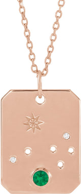 14K Gold Round Natural Emerald & Natural Diamond Aries Constellation Necklace or Pendant - Rose Gold