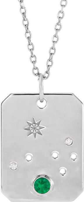 Platinum Round Natural Emerald & Natural Diamond Aries Constellation Necklace or Pendant