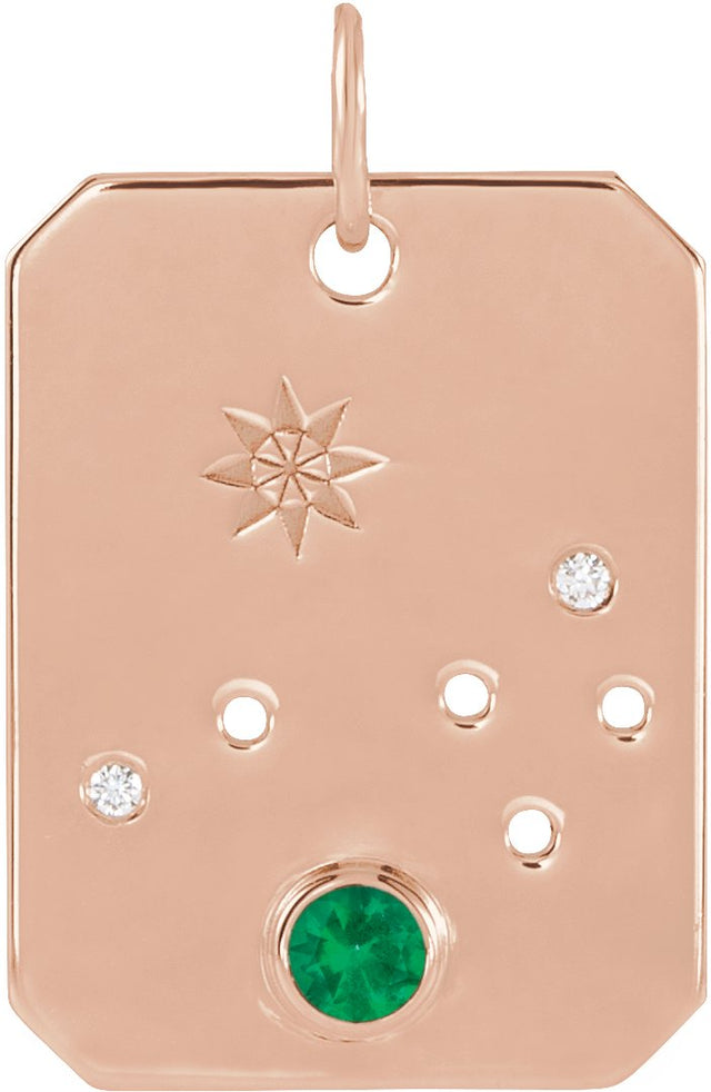 14K Gold Round Natural Emerald & Natural Diamond Zodiac Constellation Necklace or Pendant - Rose Gold