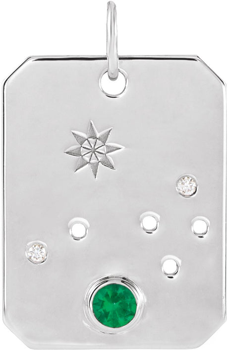 14K Gold Round Natural Emerald & Natural Diamond Zodiac Constellation Necklace or Pendant - White Gold