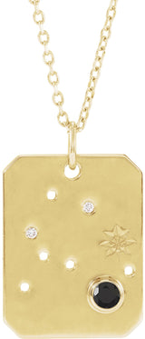 14K Gold Round Natural Black Spinel & Natural Diamond Aquarius Constellation Necklace or Pendant - Yellow Gold