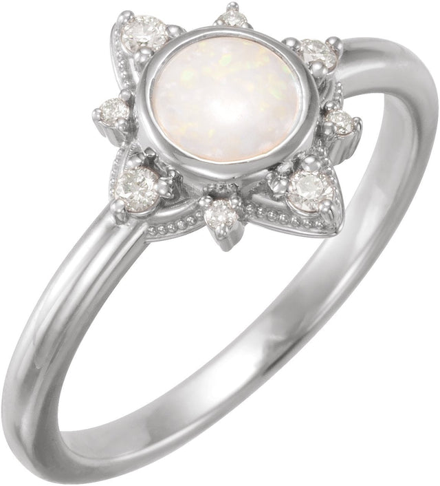 14K Gold Round Natural White Opal & Natural Diamond Cabochon Halo-Style Ring - White Gold