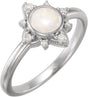 Platinum Round Natural White Opal & Natural Diamond Cabochon Halo-Style Ring