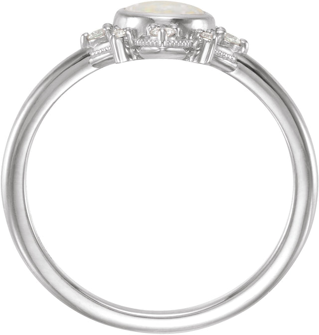 Platinum Round Natural White Opal & Natural Diamond Cabochon Halo-Style Ring - view 2