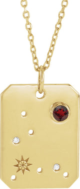 14K Gold Round Natural Mozambique Garnet & Natural Diamond Pisces Constellation Necklace or Pendant - Yellow Gold