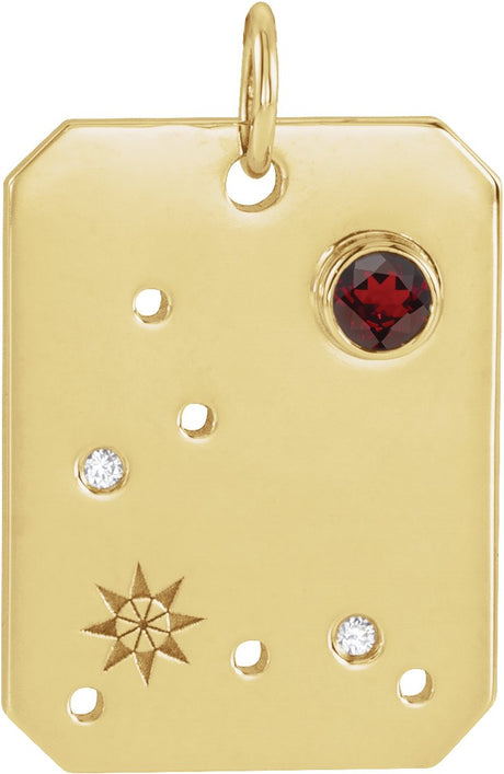 14K Gold Round Natural Mozambique Garnet & Natural Diamond Zodiac Constellation Necklace or Pendant - Yellow Gold
