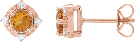 14K Gold Round Natural Citrine & Natural Diamond Halo-Style Birthstone Earrings – 4.5mm Stones - Rose Gold