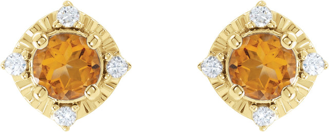 14K Gold Round Natural Citrine & Natural Diamond Halo-Style Birthstone Earrings – 4.5mm Stones - Yellow Gold - view 2