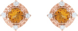 14K Gold Round Natural Citrine & Natural Diamond Halo-Style Birthstone Earrings – 4.5mm Stones - Rose Gold - view 2