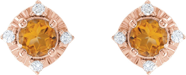14K Gold Round Natural Citrine & Natural Diamond Halo-Style Birthstone Earrings – 4.5mm Stones - Rose Gold - view 2