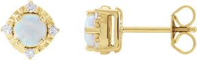 14K Gold Round Lab-Grown White Opal & Natural Diamond Halo-Style Birthstone Earrings - Yellow Gold