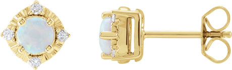 14K Gold Round Lab-Grown White Opal & Natural Diamond Halo-Style Birthstone Earrings - Yellow Gold