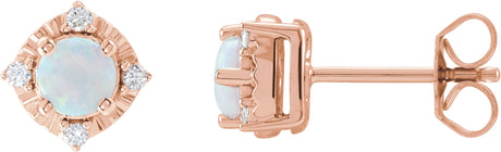 14K Gold Round Lab-Grown White Opal & Natural Diamond Halo-Style Birthstone Earrings - Rose Gold