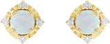 14K Gold Round Lab-Grown White Opal & Natural Diamond Halo-Style Birthstone Earrings - Yellow Gold - view 2