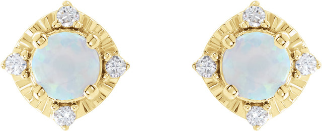 14K Gold Round Lab-Grown White Opal & Natural Diamond Halo-Style Birthstone Earrings - Yellow Gold - view 2