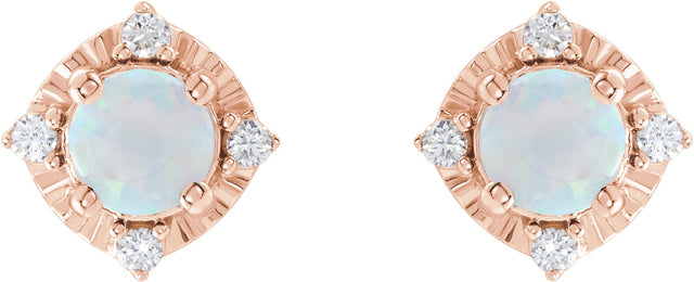 14K Gold Round Lab-Grown White Opal & Natural Diamond Halo-Style Birthstone Earrings - Rose Gold - view 2