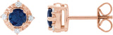 14K Gold Round Lab-Grown Blue Sapphire & Natural Diamond Halo-Style Birthstone Earrings – 4.5mm Stones - Rose Gold