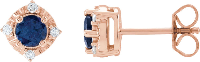 14K Gold Round Lab-Grown Blue Sapphire & Natural Diamond Halo-Style Birthstone Earrings – 4.5mm Stones - Rose Gold