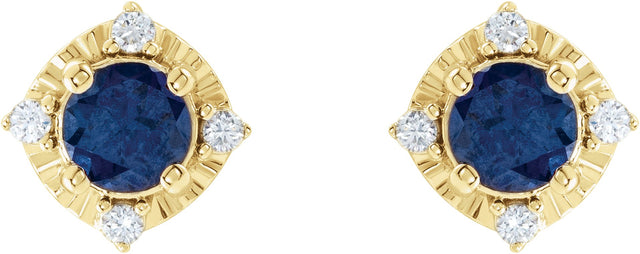 14K Gold Round Lab-Grown Blue Sapphire & Natural Diamond Halo-Style Birthstone Earrings – 4.5mm Stones - Yellow Gold - view 2