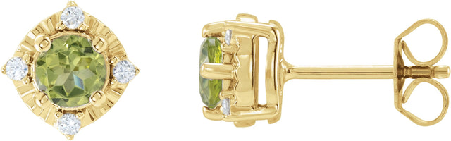 14K Gold Round Natural Peridot & Natural Diamond Halo-Style Birthstone Earrings – 4.5mm Stones - Yellow Gold