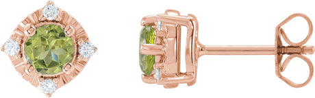 14K Gold Round Natural Peridot & Natural Diamond Halo-Style Birthstone Earrings – 4.5mm Stones - Rose Gold