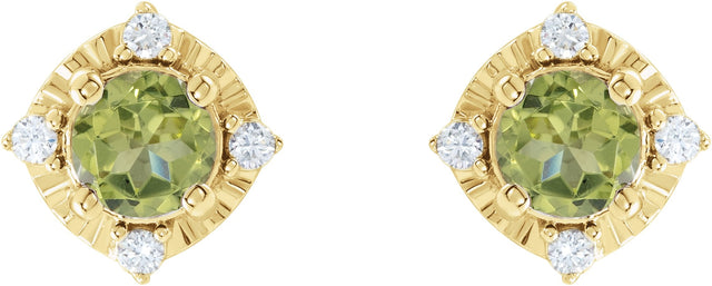 14K Gold Round Natural Peridot & Natural Diamond Halo-Style Birthstone Earrings – 4.5mm Stones - Yellow Gold - view 2