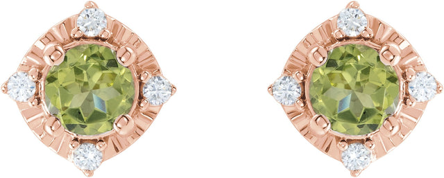 14K Gold Round Natural Peridot & Natural Diamond Halo-Style Birthstone Earrings – 4.5mm Stones - Rose Gold - view 2