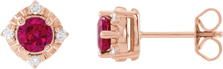 14K Gold Round Lab-Grown Ruby & Natural Diamond Halo-Style Birthstone Earrings – 4.5mm Stones - Rose Gold