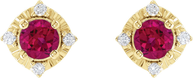 14K Gold Round Lab-Grown Ruby & Natural Diamond Halo-Style Birthstone Earrings – 4.5mm Stones - Yellow Gold - view 2