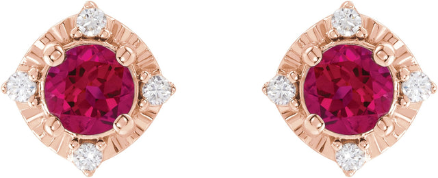 14K Gold Round Lab-Grown Ruby & Natural Diamond Halo-Style Birthstone Earrings – 4.5mm Stones - Rose Gold - view 2