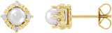 14K Gold Pearl Cultured White Freshwater Pearl & Natural Diamond Halo-Style Birthstone Earrings II - Yellow Gold