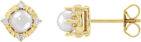 14K Gold Pearl Cultured White Freshwater Pearl & Natural Diamond Halo-Style Birthstone Earrings II - Yellow Gold