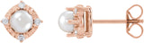 14K Gold Pearl Cultured White Freshwater Pearl & Natural Diamond Halo-Style Birthstone Earrings II - Rose Gold