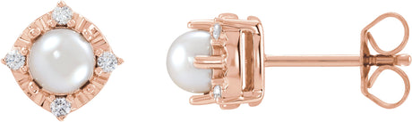 14K Gold Pearl Cultured White Freshwater Pearl & Natural Diamond Halo-Style Birthstone Earrings II - Rose Gold