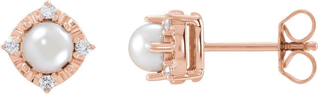 14K Gold Pearl Cultured White Freshwater Pearl & Natural Diamond Halo-Style Birthstone Earrings II - Rose Gold