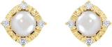 14K Gold Pearl Cultured White Freshwater Pearl & Natural Diamond Halo-Style Birthstone Earrings II - Yellow Gold - view 2