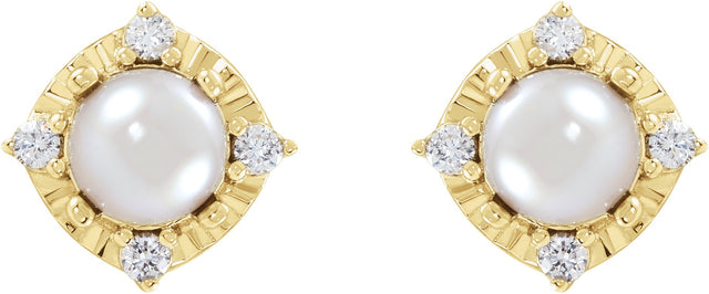 14K Gold Pearl Cultured White Freshwater Pearl & Natural Diamond Halo-Style Birthstone Earrings II - Yellow Gold - view 2