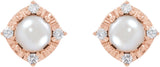 14K Gold Pearl Cultured White Freshwater Pearl & Natural Diamond Halo-Style Birthstone Earrings II - Rose Gold - view 2