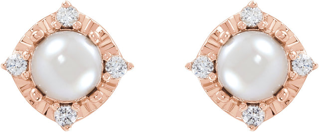 14K Gold Pearl Cultured White Freshwater Pearl & Natural Diamond Halo-Style Birthstone Earrings II - Rose Gold - view 2