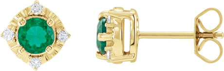 14K Gold Round Lab-Grown Emerald & Natural Diamond Halo-Style Birthstone Earrings – 4.5mm Stones - Yellow Gold