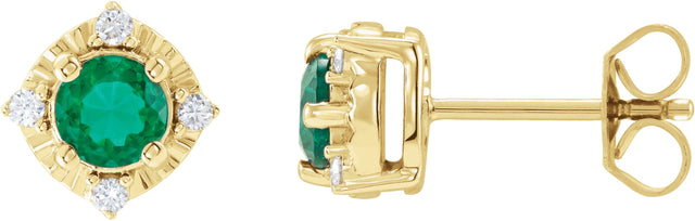 14K Gold Round Lab-Grown Emerald & Natural Diamond Halo-Style Birthstone Earrings – 4.5mm Stones - Yellow Gold