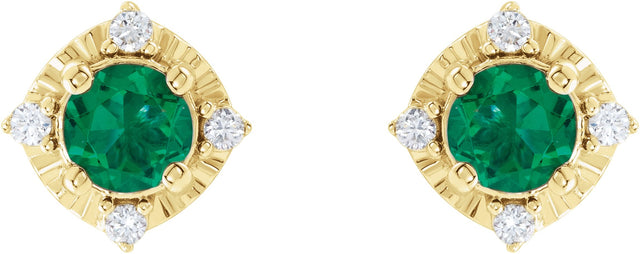 14K Gold Round Lab-Grown Emerald & Natural Diamond Halo-Style Birthstone Earrings – 4.5mm Stones - Yellow Gold - view 2