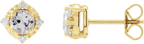 14K Gold Round Natural White Sapphire & Natural Diamond Halo-Style Birthstone Earrings