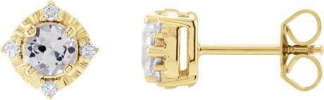 14K Gold Round Natural White Sapphire & Natural Diamond Halo-Style Birthstone Earrings