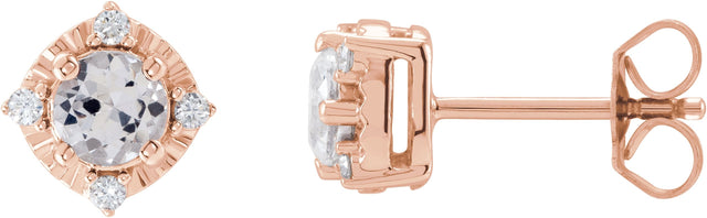 14K Gold Round Lab-Grown White Sapphire & Natural Diamond Halo-Style Birthstone Earrings – 4.5mm Stones - Rose Gold
