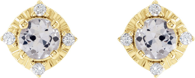 14K Gold Round Natural White Sapphire & Natural Diamond Halo-Style Birthstone Earrings - view 2